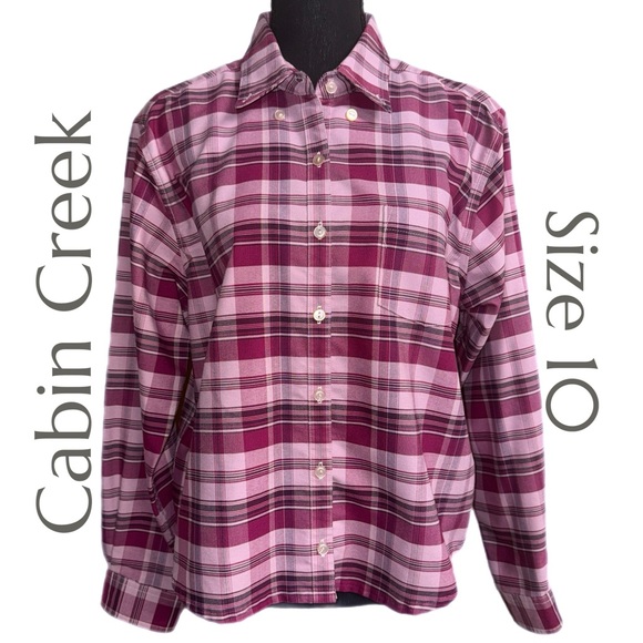 Cabin Creek - Pink Plaid Button Down Shirt- Wrinkle Free - Size 10 - Picture 1 of 7